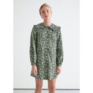 & Other Stories Black Green Floral Long Sleeve Peasant Mini Sheath Dress Sz 6